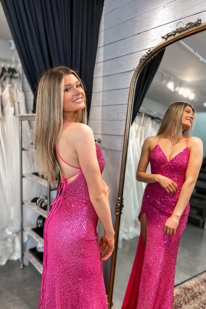 Weitese Dress Ruched Fuchsia Sequin Wrap Formal Dress Mermaid Lace-up Back Maxi Dress Prom Dress